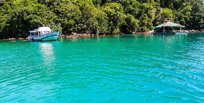 Mar, um barco ao fundo e vegetação 